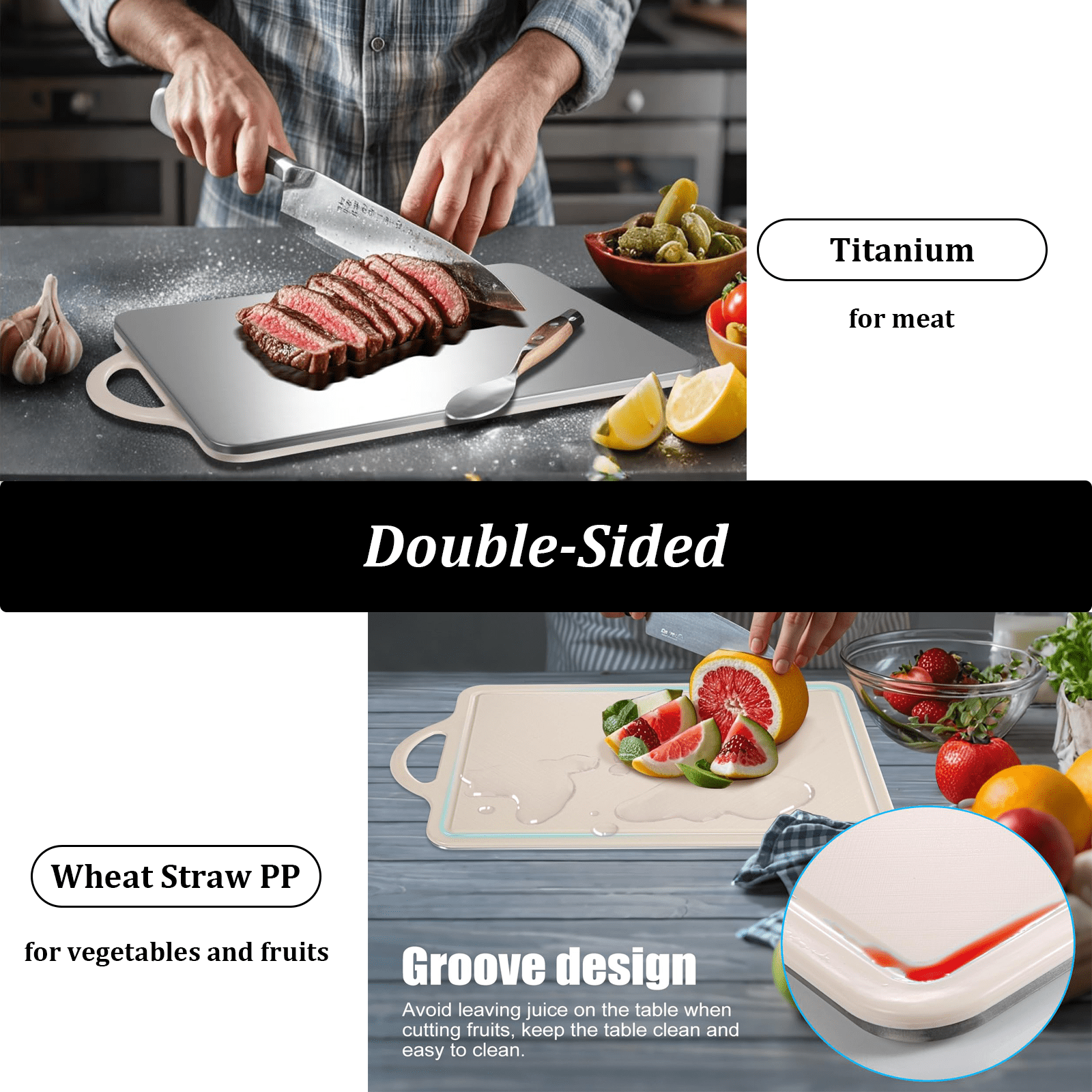 Cutting Board Double Sided, Large Size 15.4”×11”, 304 Stainless Steel Cutting Board for Kitchen, Food-Grade, Stainless Steel and Wheat Straw PP, Easy to Clean