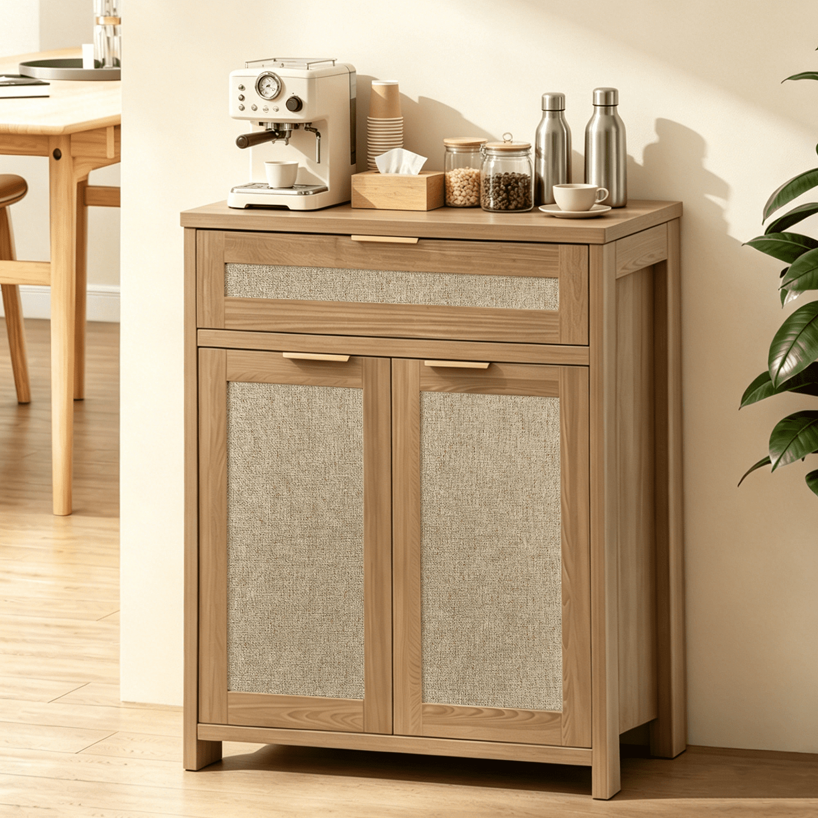 Rattan Sideboard Buffet Cabinet, Farmhouse Storage Cabinet with Adjustable Shelf, Boho Kitchen Buffet Cabinet with Drawer for Dining, Kitchen, Entryway, Living Room, Wood
