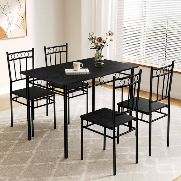 Dining Table Set for 4, 5-Piece Kitchen Table and Chairs, Rectangular Dining Room Table Set with 4 Chairs, Space-Saving Kitchen Table Set for Small Space,Dinette,Apartment,Pure Black