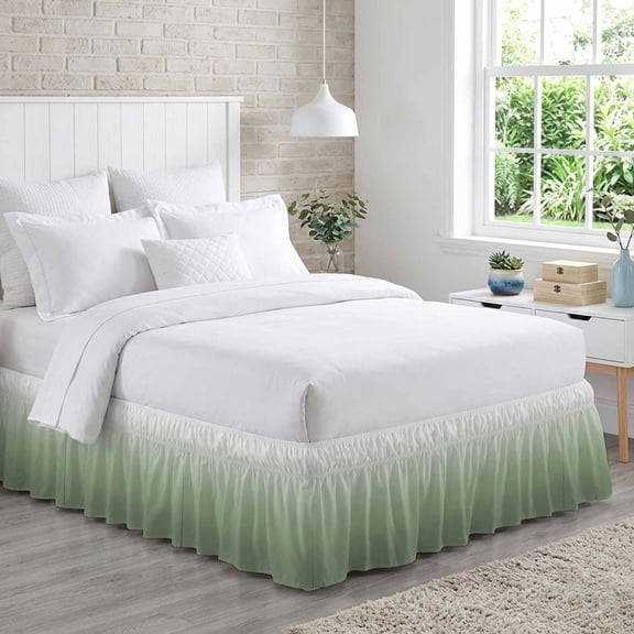 Bed Skirt Sage Green Adjustable Elastic Wrap-Around Dust Ruffle with Green Gradient 16 Inch Drop, Bed Frame Cover for Queen Size Bed