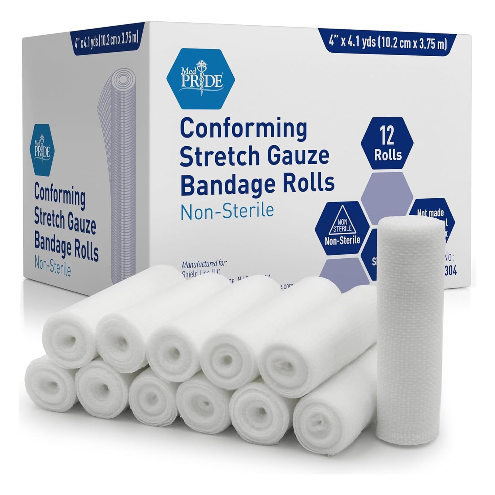 MEDPRIDE Conforming Gauze Rolls Disposable First Aid Rolled Stretch Bandages, 4” x 4.1 yd, 12-Pack