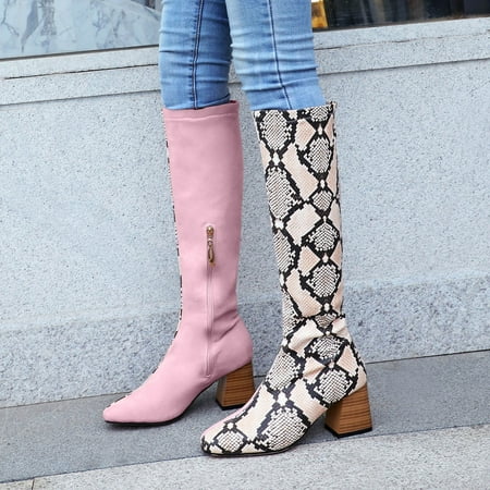 

TALKVE Thigh Snakeskin Contrasting Retro Women s Fashion Zipper High Shoes Heels Breathable Boots Colors Women s Boots