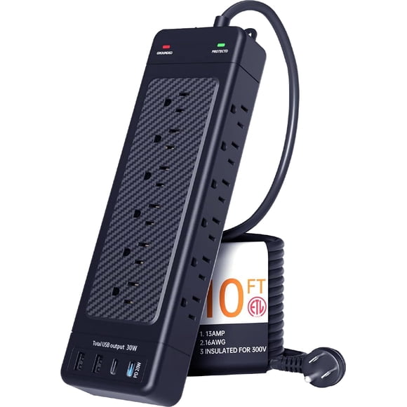 NANOLAKE Regleta de protección contra sobretensiones con 2800/4800 julios, cable de extensión de 10 pies, 18 AC 4 puertos USB, enchufe plano, 1875 W 15 A, montable para fábrica, hogar, oficina, dormit
