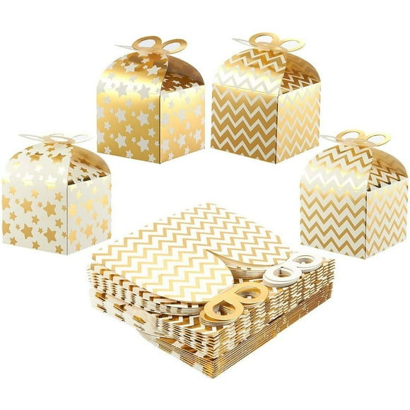 Pack of 36 Paper Treat Boxes - Gable Favor Boxes, Fun Party Play Goodie Boxes, 3 Dozen Bright Golden Birthday Party, Shower Loot Gift Boxes, 4 Designs, 3.7 x 3.2 x 3.7 inches