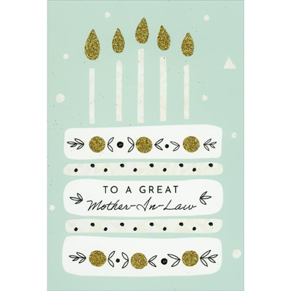 Pictura White Layered Cake and Thin Candles with Gold Glitter Flames Birthday Card for Mother-in-Law