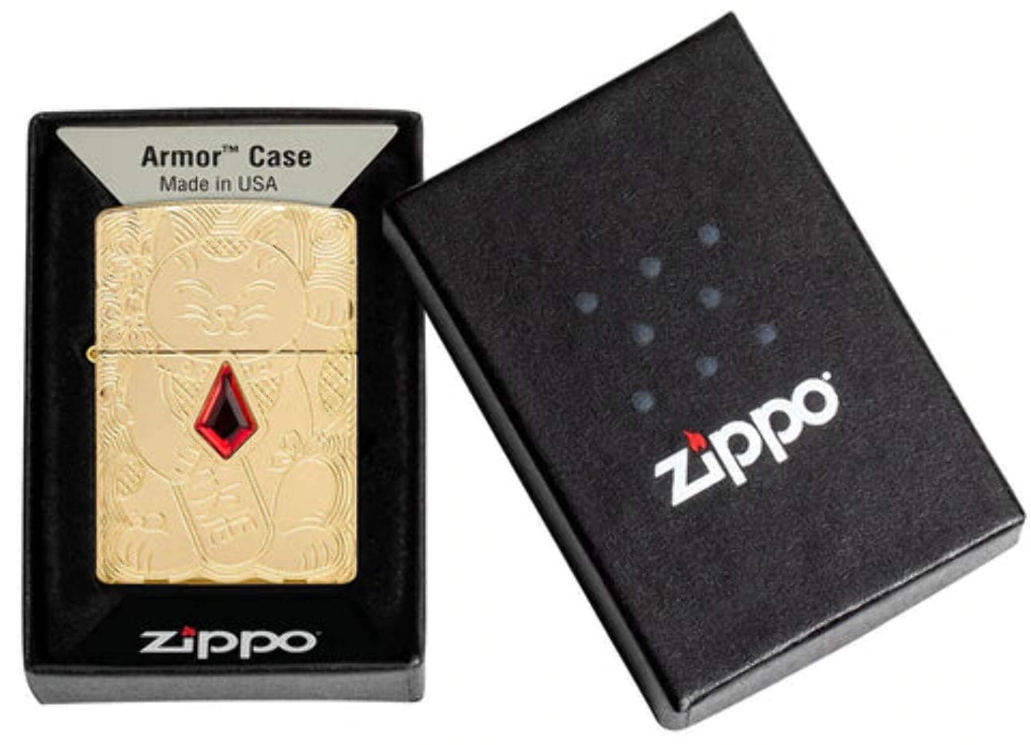 Zippo Lucky Cat Design Armor High Polish Brass Pocket Lighter