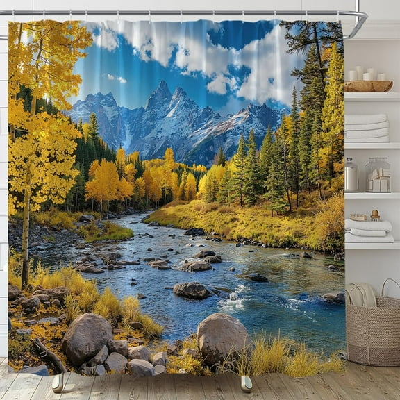 Mountain Shower Curtain Nature Mountain Forest Landscape Pine Tree Stream Country Park Scenery Polyester Fabric Bathroom Decor Set with Hooks-72"W x 84"L (Pack of 1)