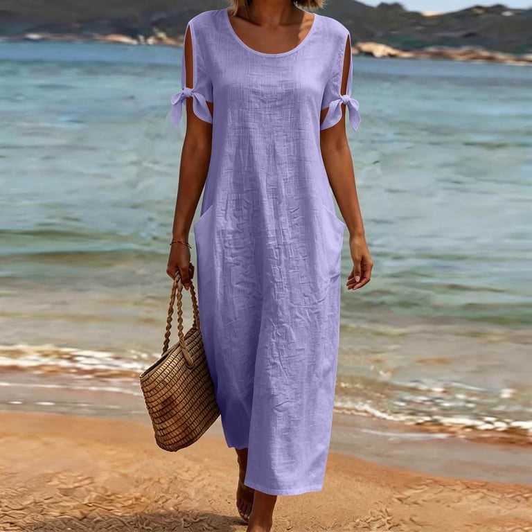 ankle length casual summer dresses Sentmoon Dress Sun 2026 Solid Color Short Sleeve Crew Neck Regular Fit Semi Formal Wedding Guest Dress with Pockets for Yoga and Pilates S-3XL ROSELANI HALTER FLOWY MINI swatch-#000000 Is it the same SIZE:2XL