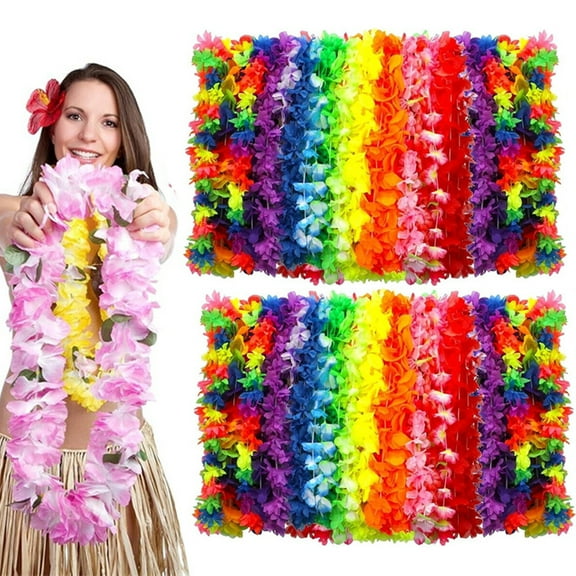 Eoperou 24Pcs Hawaiian Leis Faux Silk Flower Necklace Tropical Party Favor Beach Dance Leis Birthday Pool Party Decoration