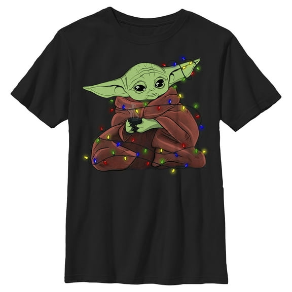 Boy's Star Wars: The Mandalorian Christmas Lights Grogu Graphic Tee Black Small