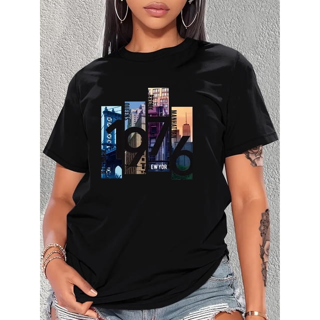 Graphic Print Round Neck Sports T-shirt, Short Sleeve Running Casual Tops, Women's Activewear