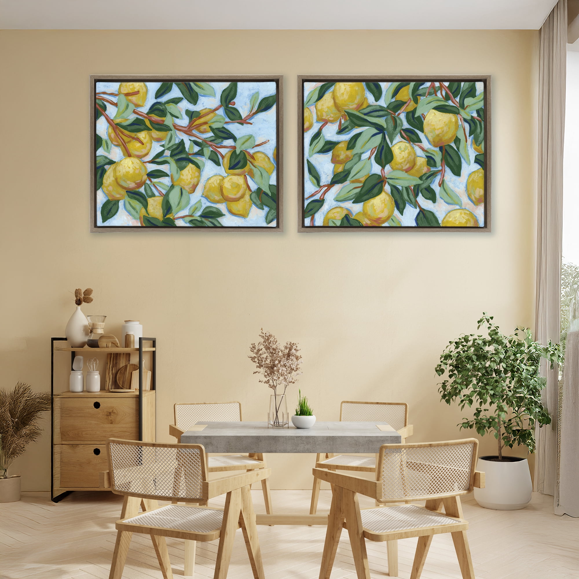 Stupell Industries Sunshine Lemon Tree 2 Piece Brown Framed Floater Canvas Set, design by June Erica Vess