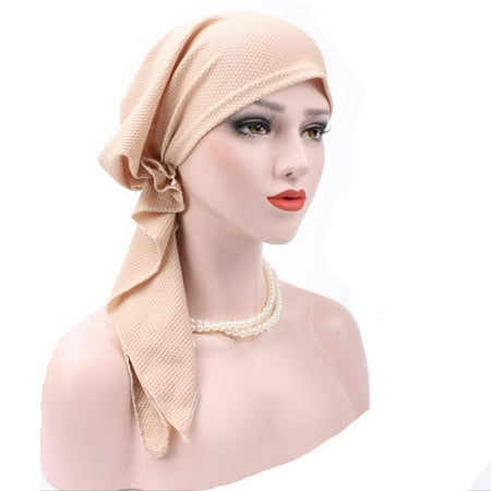 Hat Scarf Wrap - Women India Muslim Stretch Turban Hat Cotton Hair Loss Head Scarf Wrap Beige
