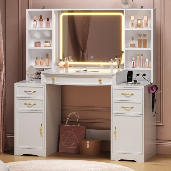 Frhnenha Large Vanity Table with Mirror and Lights, Makeup Desk with Charging Station, Dressing Table with 5 Drawers, 2 Storage Cabinet and 6 Open Shelves for Bedroom, White