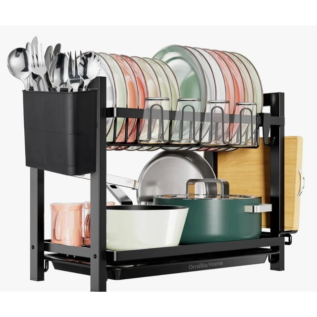 Escurreplatos De Doble Capa, Mejorado Con Rejilla Para Tazas Modelo Negro