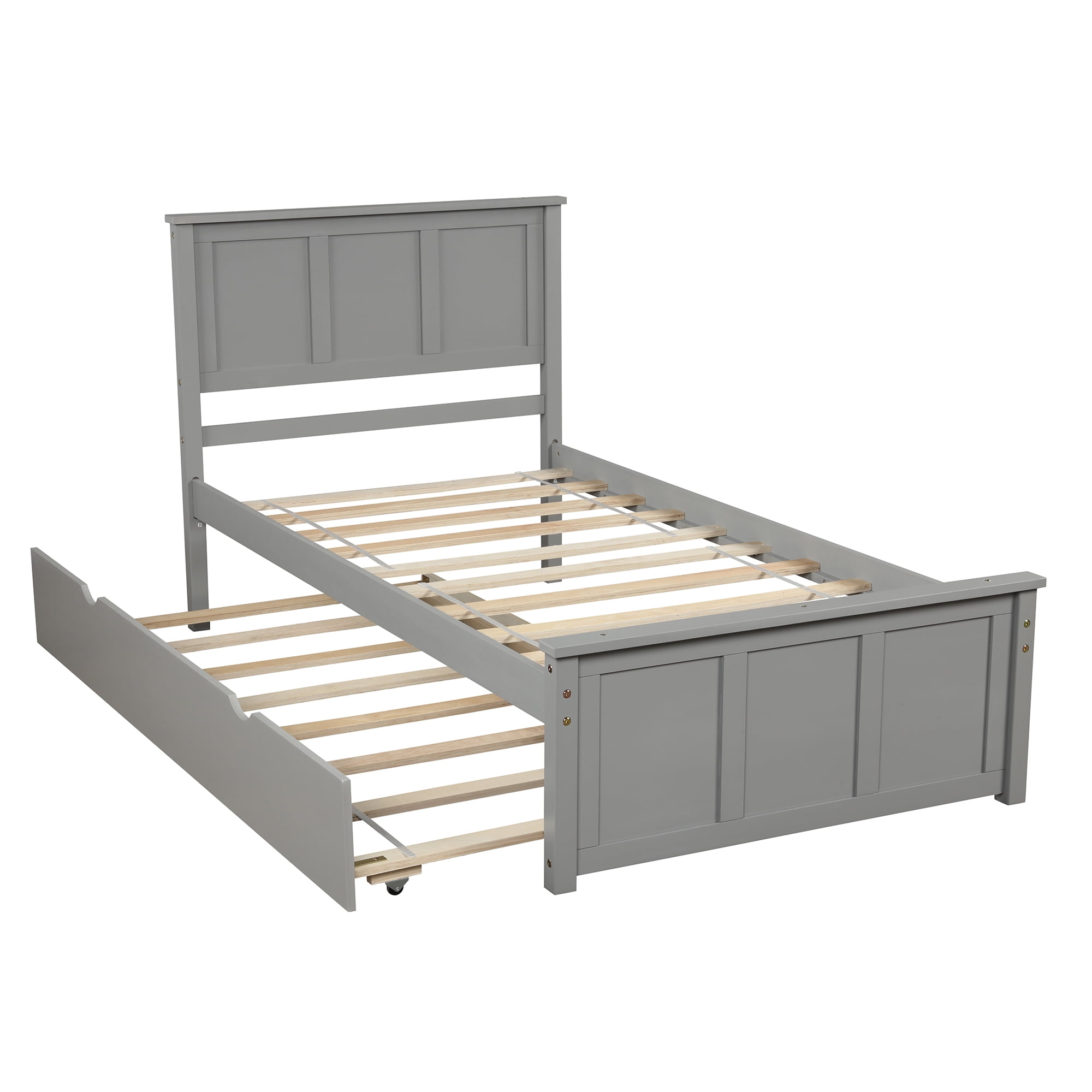 Euroco Modern Wood Twin Platform Bed with Headboard & Trundle for Kids Teens, Grey