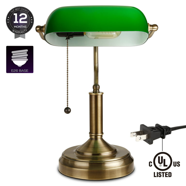 TORCHSTAR Antique Style Emerald Green Glass Banker Lamp for Office, Satin  Brass, Metal Beaded Pull Cord Switch Attached 