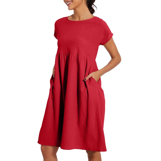 Robes Rouges pour Femmes, Robe Fluide en Lin pour Femmes, Robes d'Été Boho pour Femmes 2024, Nouvelle Robe à Col Rond Décontractée et Confortable en Coton à Manches Courtes Robe de Plage avec Poches