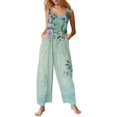 thumbnail image 2 of Women's Floral Print Sleeveless Overalls Loose Wide Leg Cotton Linen Jumpsuit with Pockets Green L, 2 of 7