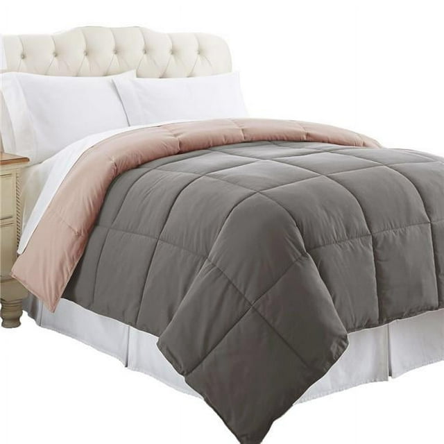 Benzara BM202043 Genoa Twin Size Box Quilted Reversible Comforter, Gray & Pink