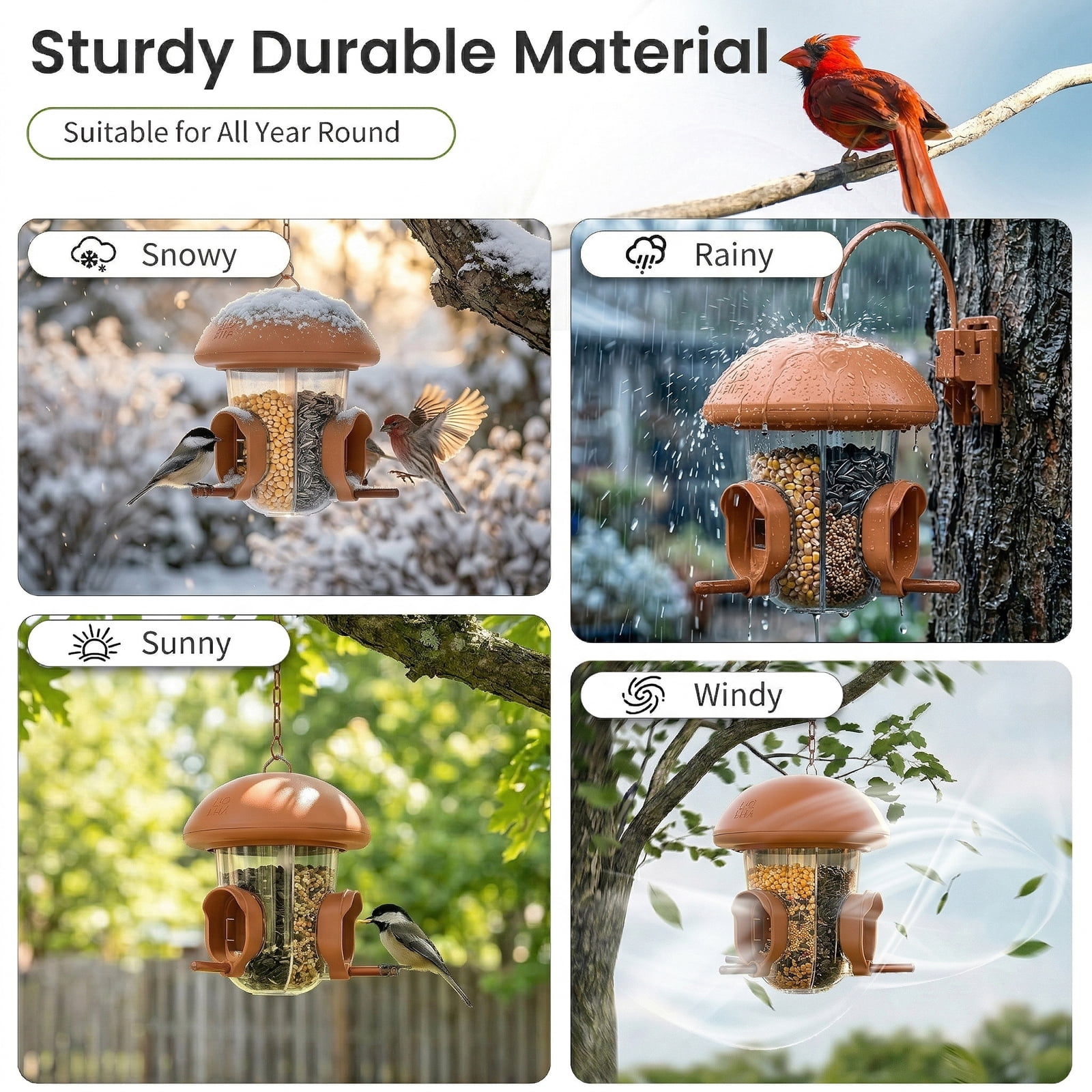LONA-S610 Outdoor Bird Feeder, 3-Compartment Hanging Feeder with Weatherproof Dome & 3 Ports (Brown)