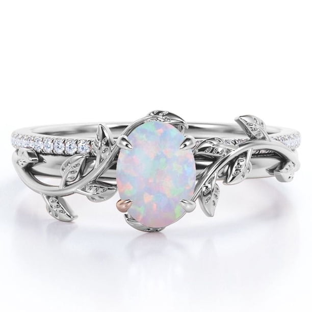 JeenMata Anillo de Bodas con Diseño de Hoja de Moissanita y Ópalo Arcoíris Ovalado de 1,5 Quilates Engastado en Oro Blanco de 18 K sobre Plata