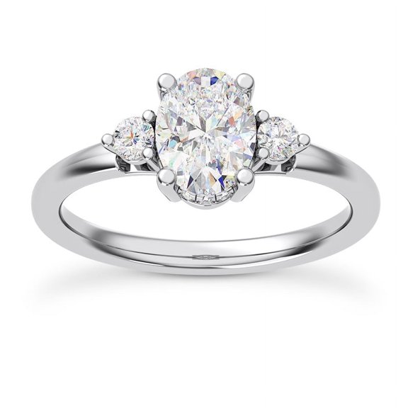 Eloya Jewelry 2.1 Ct Oval Cut 3 Stone Engagement Wedding Ring - 14K White Gold Plated Hidden Halo Cathedral Shank Moissanite Trilogy Ring for Her - Prong Setting Wedding and Engagement Ring