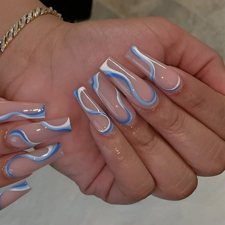 CPDD Press on Nails Long Fake Nails Coffin Blue Nails Glossy Acrylic Nails for Women with Swirls