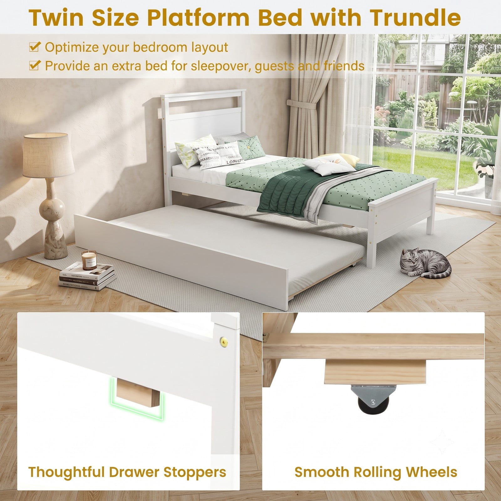 Furnibear Twin Bed Frame Wood Platform Bed with Roll-Out Trundle and Plank Headboard for Kids and Guest Bedroom, White