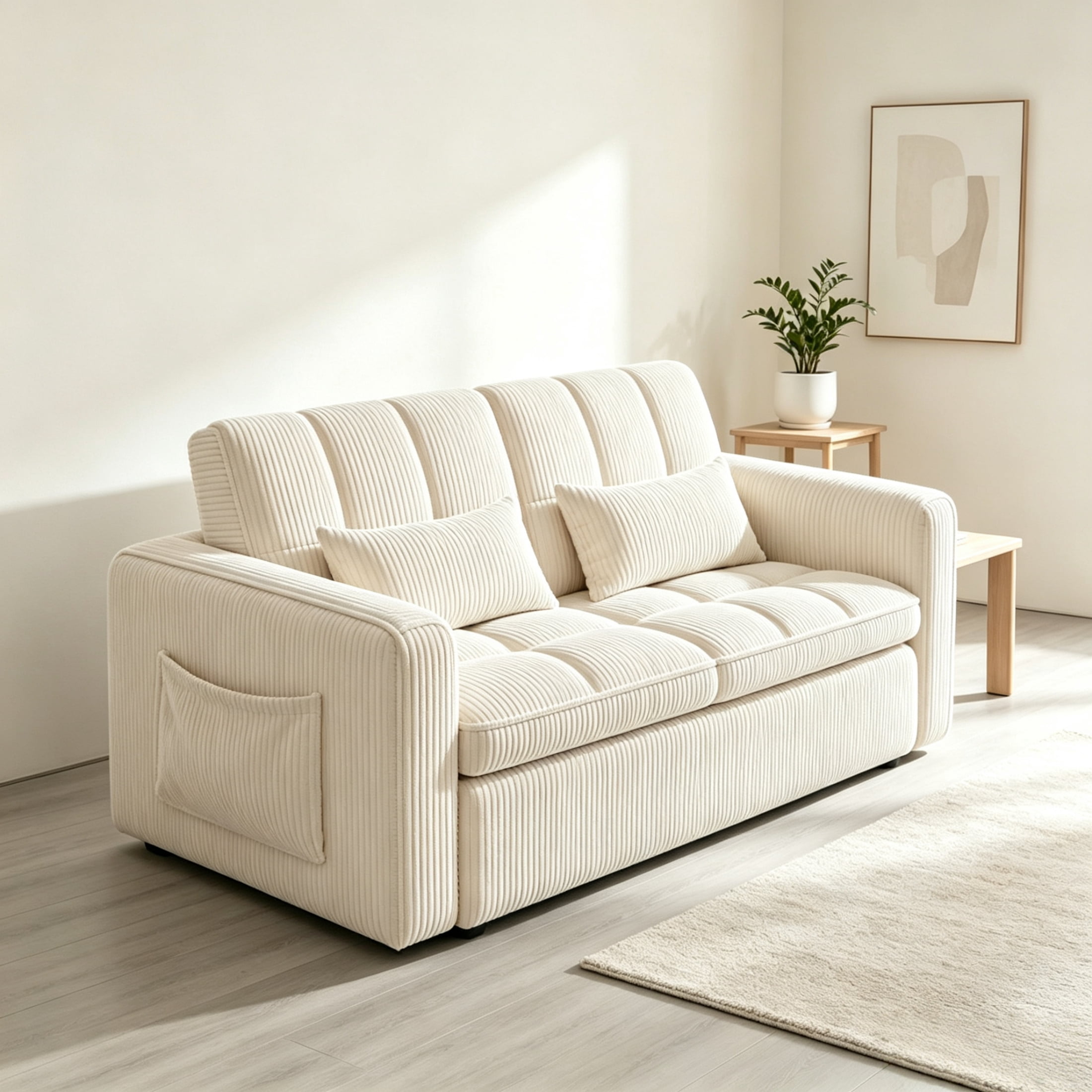 Anpport 55" Striped Corduroy Loveseat, Convertible Sleeper Sofa Bed for Small Spaces, Beige