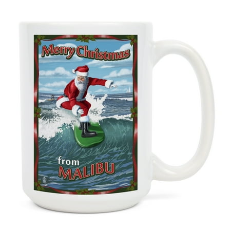 

15 fl oz Ceramic Mug Malibu California Santa Surfing Dishwasher & Microwave Safe