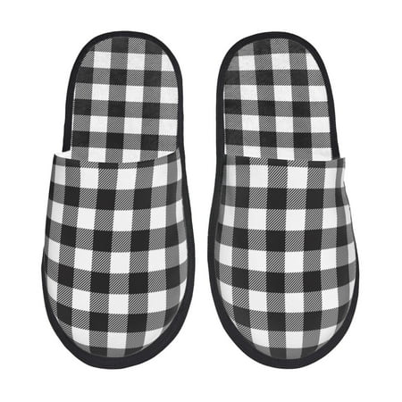 Balery Black White Plaid Slient Indoor Furry Fleece Comfort House Shoes Soft Non-Slip Home Shoes Cotton slippers House Slippers-- Medium