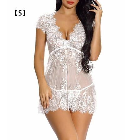 

Women Lace Perspective Sleepwear Dress Sexy Lingerie Underwear White S