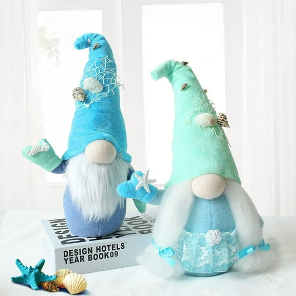 2Pcs Ocean Day Decor Gnome Summer Holiday Decorations, Summer Beach Doll Elf Decorations Tree Ornaments, Blue Tomte Swedish Doll Handmade Luckily Figurine Gift for Home Office