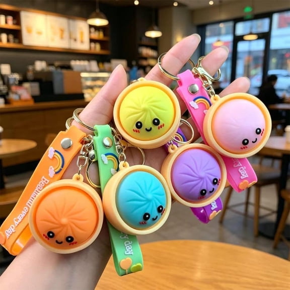 6 Pack Dumpling Keychain, Realistic Mini Steamed Bun Squishy Stress Relief Fidget Toy with Wrist Strap, Cute Food Key Chain for Backpack, Bag and Gift