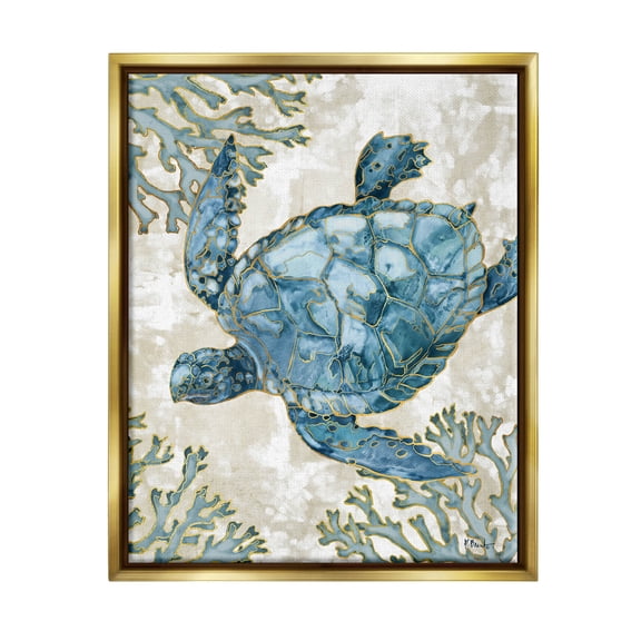 Stupell Industries Sea Turtle Swimming Playa Sealife Graphic Art Metallic Gold Floating Framed Canvas Print Wall Art, Design by Paul Brent