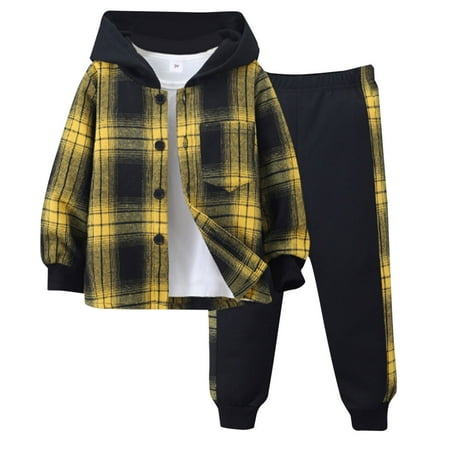 AHTJRT Kids Fall Spring Outfits Plaid Button down Hoodie Shirt Anf Jogger Pants Outfit Sweatsuits 2 Pieces Fashion Streetwear Set Multicolor#04 6-7 Years