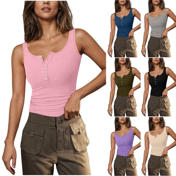 BiZtdJrK Fitted Tank Tops for Women Button Up Crew Neck Sleeveless Ribbed Tee Shirts Slim Fit Fashion Summer Tanks Beige XL