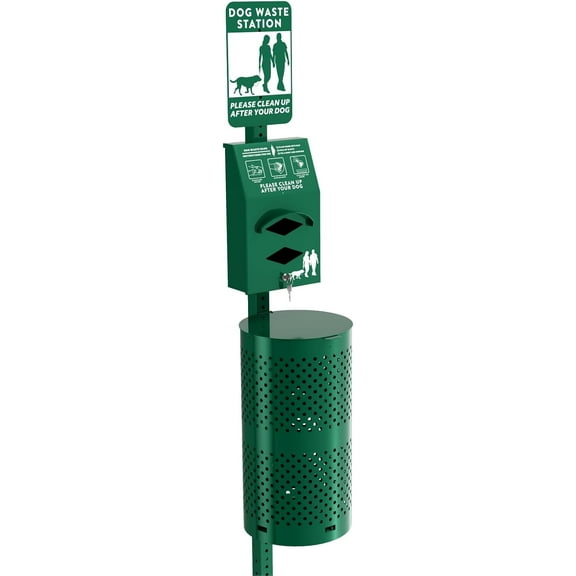 POCHAR Aluminum Rustproof Dog Waste Disposal Station for Pet Parks – 10 Gallon Outdoor Pet Poop Station with Reflective Sign & Lid – Durable Trash Bin for Backyard Dog Waste (Green)