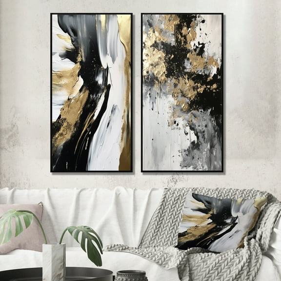 Designart "Organic Bliss Minimalist Abstract in Gold and Black II" Abstract Painting Framed Wall Art Set Of 2 - Modern Gold Framed Wall Art Set Of 2