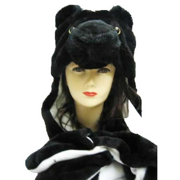 Plush Black Bear Animal Hat Black Bear Hat with Ear Flaps and Hand