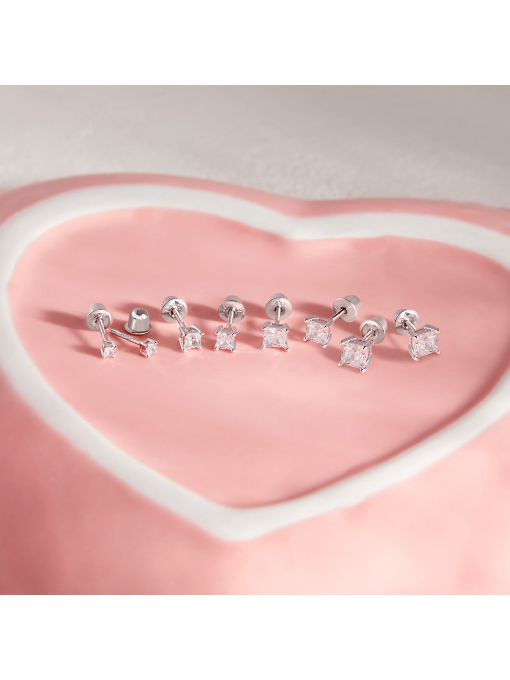 925 Sterling Silver CZ Princess Square Cut Screw Back Earrings for Baby Girl 3mm