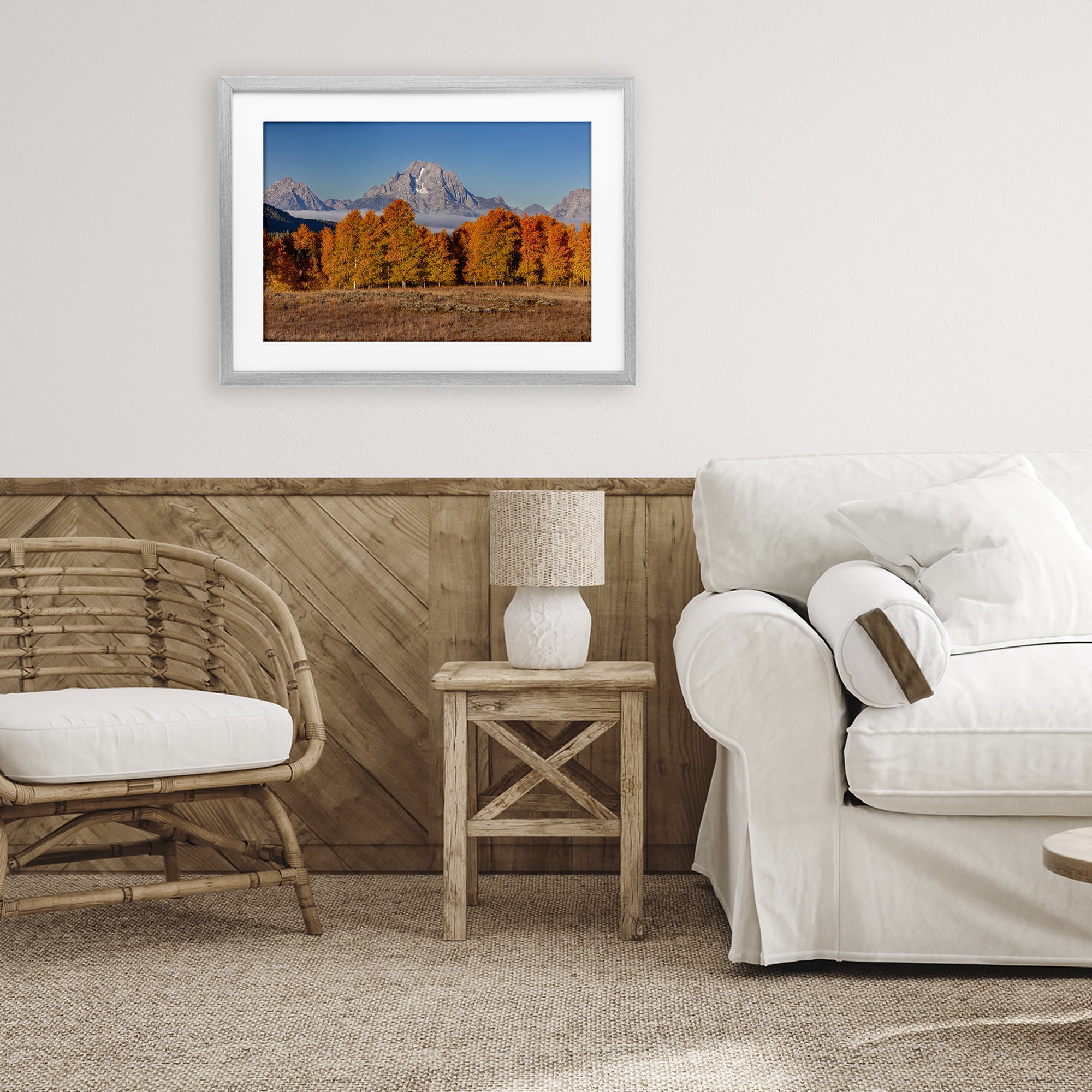 Autumn Tree Line With Mountain Gray Framed Print Under Glass, design by Shelley Carlisle