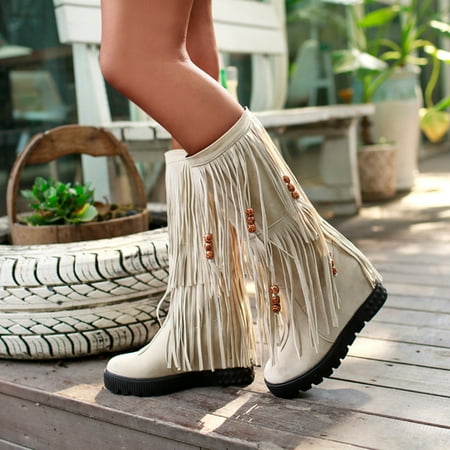 

ertutuyi boots string tassel breathable retro flats thigh colors beads winter women s shoes fashion women s boots beige 38