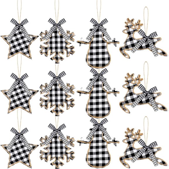 12 Christmas Burlap Tree Hanging Ornaments Buffalo Check Plaid Stitching Tree Ornament Deer Snowman Snowflake Star Shaped Hanging Ornaments for Xmas Holiday Party Decorations