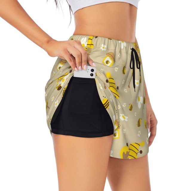 Balery Cute Bee Gnomes Pantalones cortos deportivos para mujer con forro y dos bolsillos, elásticos, para entrenamiento, gimnasio, yoga-Small