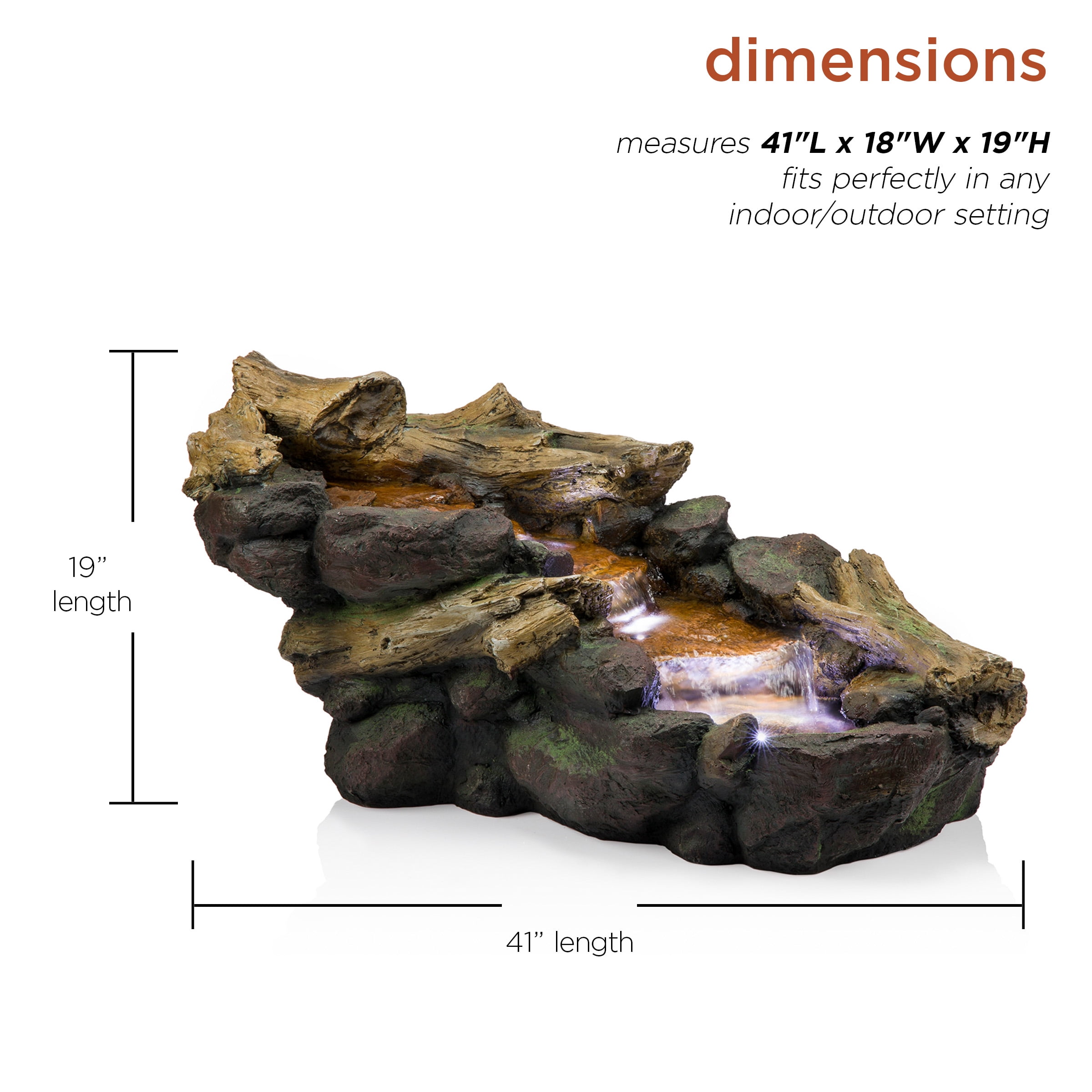 Alpine Corporation 41" Long Indoor/Outdoor River Rock and Log Fountain with LED Lights