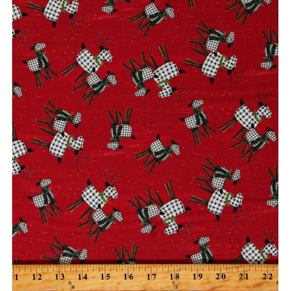 Cotton It's Christmas Time Plaid Reindeer Winter Holidays Red Cotton Fabric Print by the Yard (3472-88)
