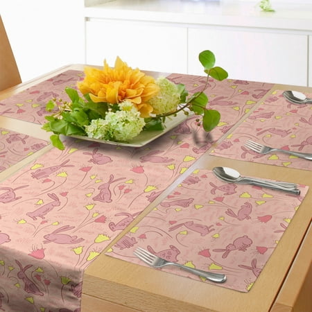 

Animal Table Runner & Placemats Bunnies with Flowers Pastel Spring Flora and Fauna Illustration Set for Dining Table Decor Placemat 4 pcs + Runner 16 x72 Dark Coral Pale Pink by Ambesonne