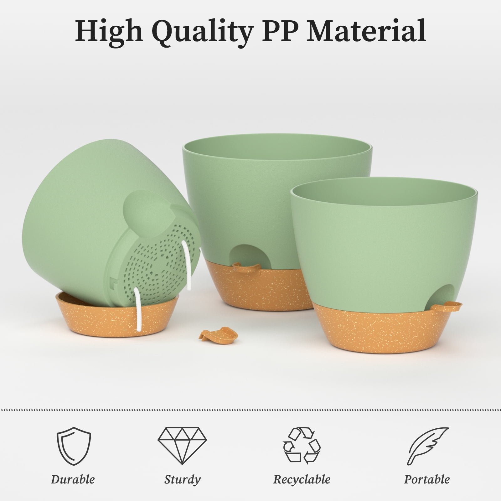 FIASON 3 Pack 9/10/12 Inch Green & Brown Self-Watering Plant Pots, Indoor Outdoor Garden Planters with Drainage Holes, Watering Lip & Removable Saucer for Flowers & House Plants